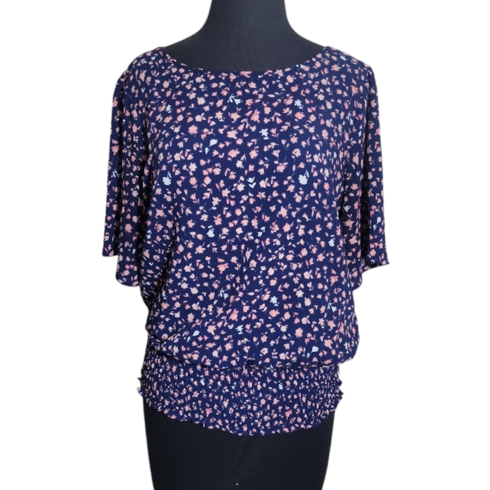 Michael Michael Kors floral top Women medium navy orange scoop neck short Sleeve